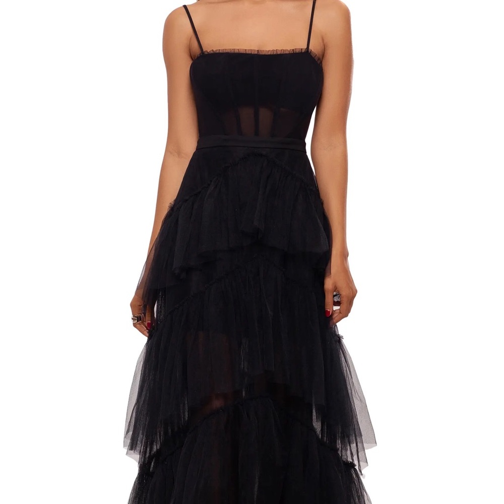 Betsy & Adam Tiered Tulle Ruffle Gown